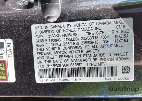 2019 Honda Cr-V Touring z USA, uszkodzony, nr VIN 2HKRW2H96KH652597